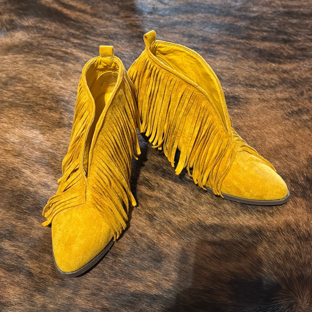 SOLD mustard suede fringe booties